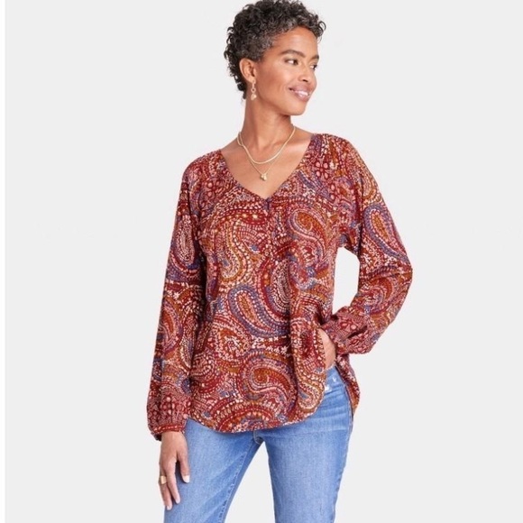 Women's Long Sleeve V-Neck Tunic Top - Knox Rose™ Red Paisley Size XXL - Picture 2 of 8